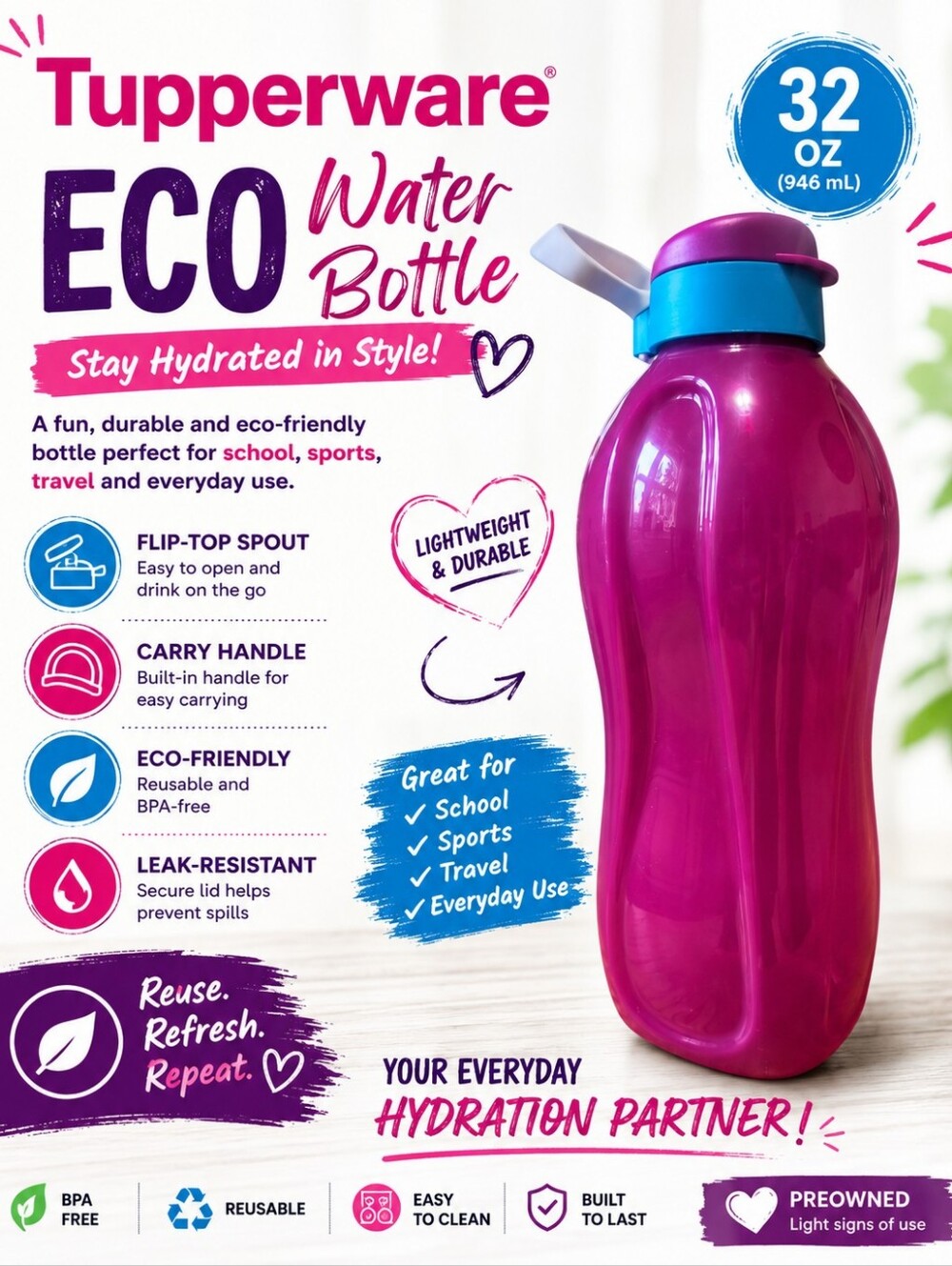 Tupperware Eco Water Bottle Flip Top Pink Purple Blue Reusable BPA Free